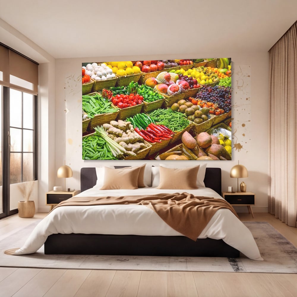 Tablou canvas cu tablou canvas cu legume si fructe proaspete, fara rama, pe sasiu de lemn, pe perete intr-un dormitor